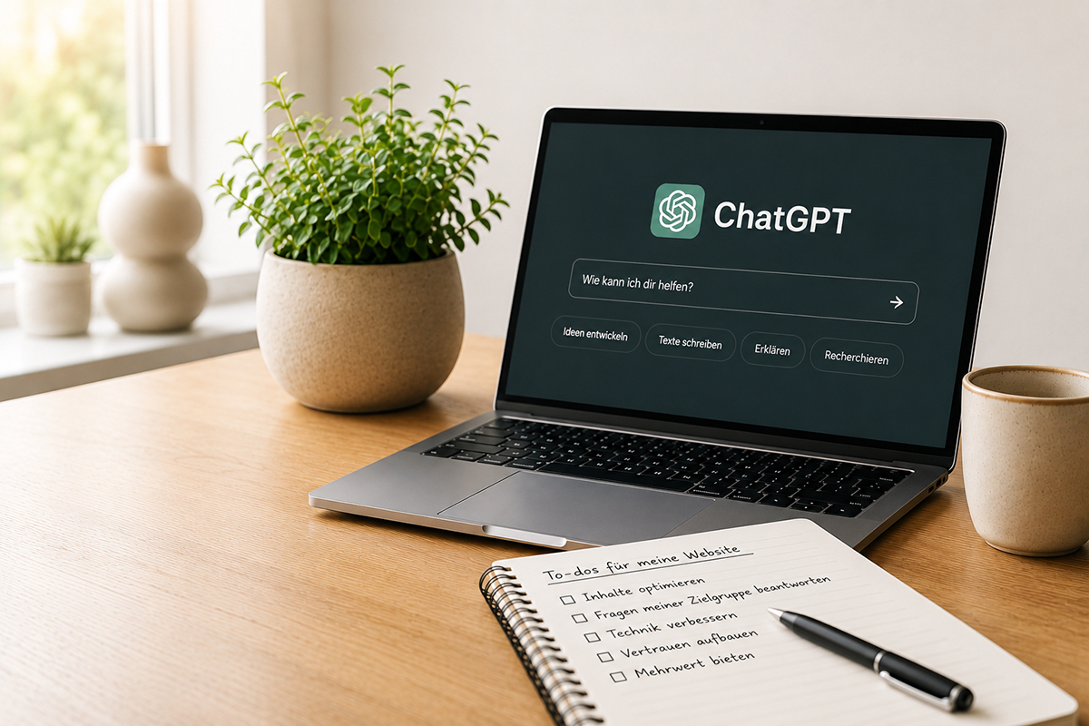 Warum wird meine Website bei ChatGPT nicht gefunden Auf dem Foto sieht man einen Schreibtisch und darauf einen Laptop. Im Browser geöffnet ist ChatGPT.